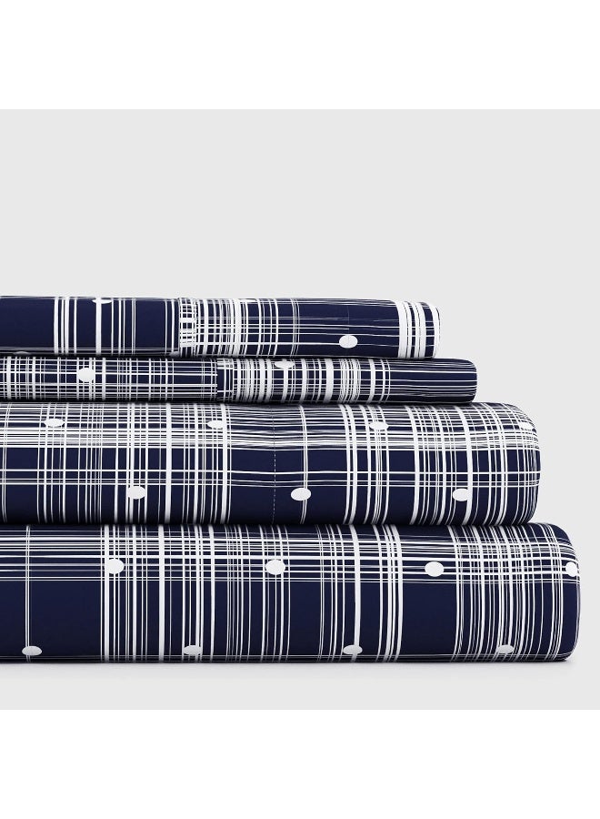 Linen Market Double-Brushed Patterned Microfiber California King Sheet Set 4 Piece – Oeko-TEX Certified Ultra Soft & Wrinkle-Free - 16" Deep Pocket Sheets Easy Care Cal-King Size - Polka Dot Navy - Image 1